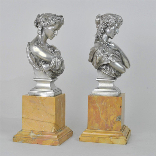 Clesinger / Collas, Pair Of Busts In Silvered Bronze, 19th Century