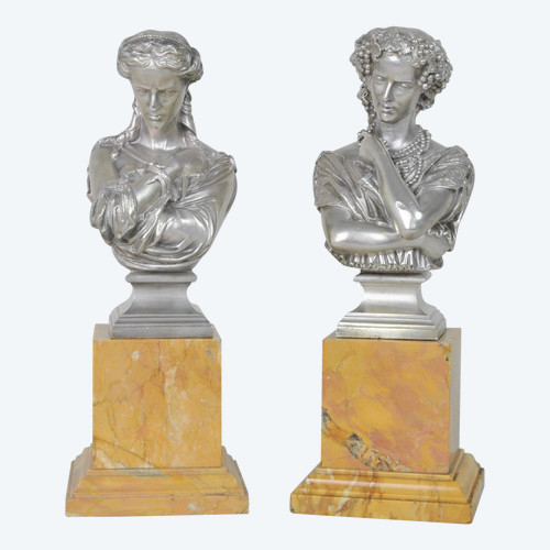 Clesinger / Collas, Pair Of Busts In Silvered Bronze, 19th Century