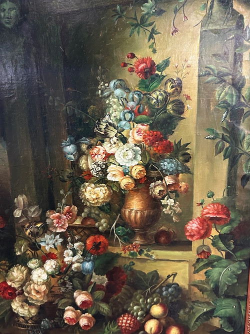 F Angelo - Important Still Life With Flowers And Fruits 19th Century H 131 Cm