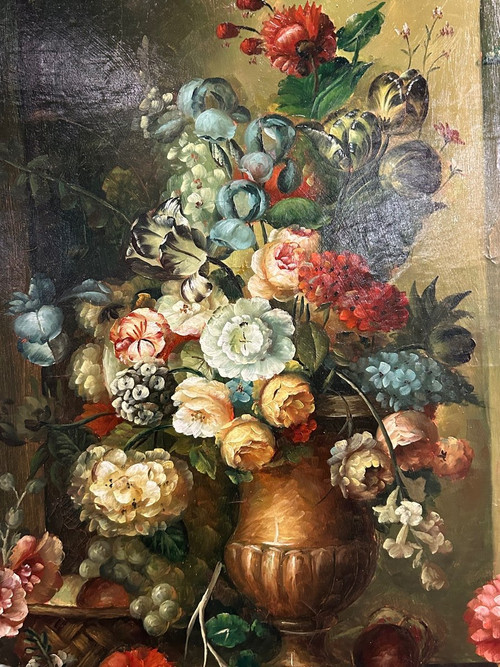 F Angelo - Important Still Life With Flowers And Fruits 19th Century H 131 Cm