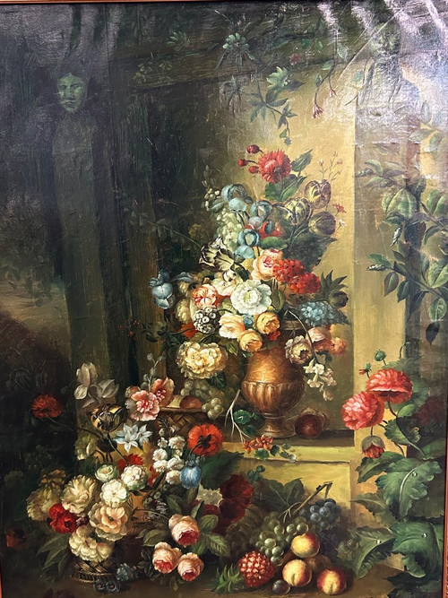 F Angelo - Important Still Life With Flowers And Fruits 19th Century H 131 Cm