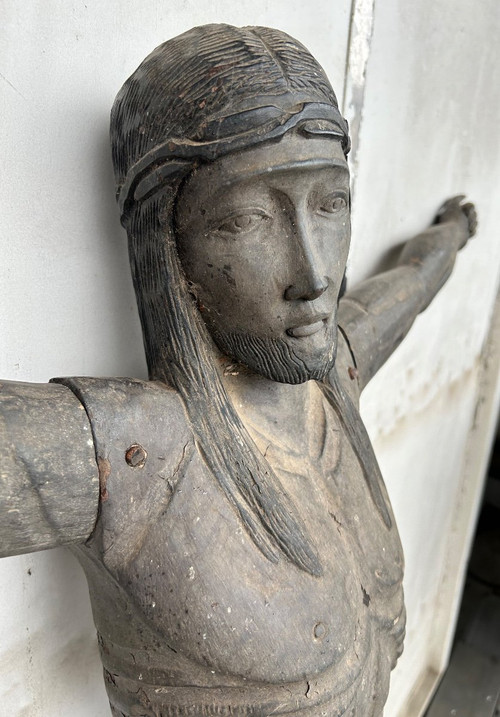 Grand Christ En Bois Sculpté - Amérique Du Sud Vers 1940-50  H 134 Cm