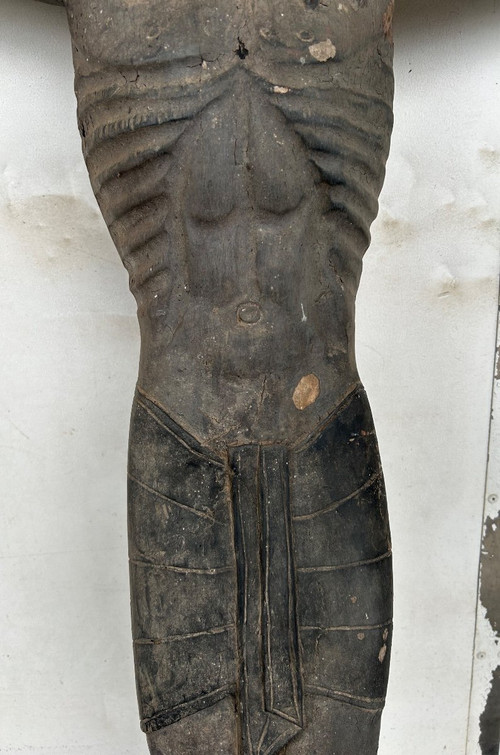 Grand Christ En Bois Sculpté - Amérique Du Sud Vers 1940-50  H 134 Cm