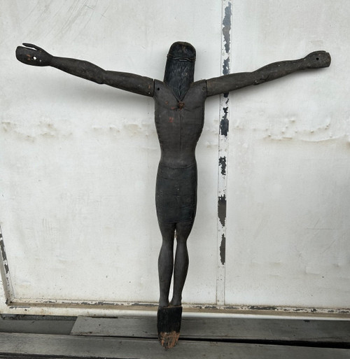 Grand Christ En Bois Sculpté - Amérique Du Sud Vers 1940-50  H 134 Cm