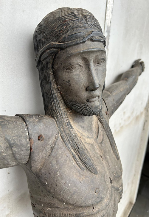 Grand Christ En Bois Sculpté - Amérique Du Sud Vers 1940-50  H 134 Cm