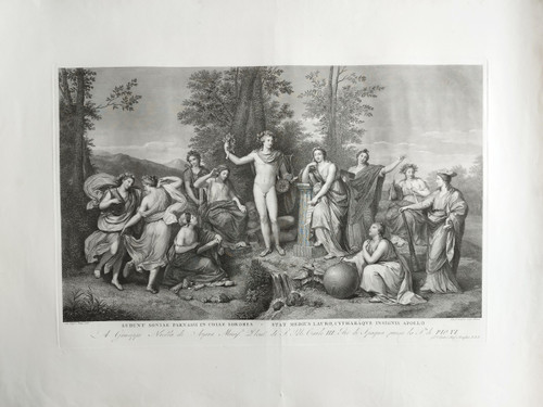 Etching Mythological Engraving Apollo And The Muses On Parnassus 19th C Old Print