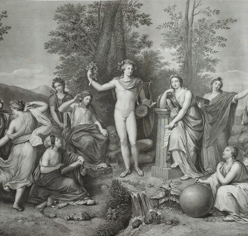 Etching Mythological Engraving Apollo And The Muses On Parnassus 19th C Old Print