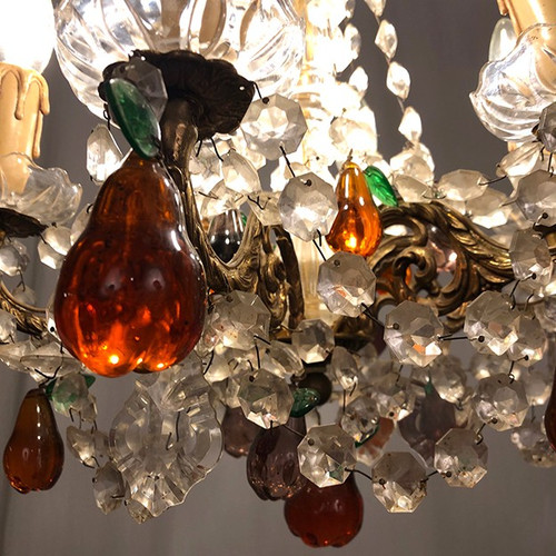 Gilt bronze chandelier, crystal pendants and colored glass pendants in the shape of fruits, late 19th century