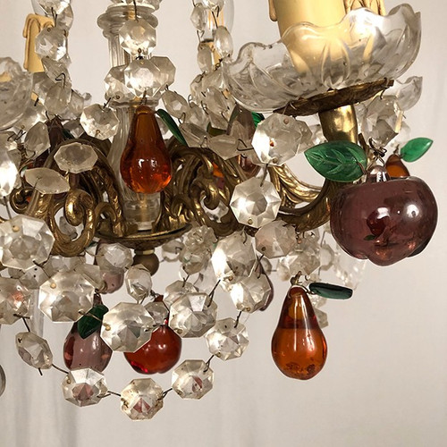 Gilt bronze chandelier, crystal pendants and colored glass pendants in the shape of fruits, late 19th century