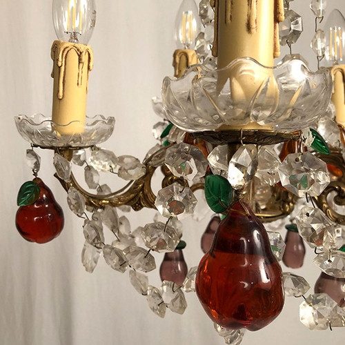 Gilt bronze chandelier, crystal pendants and colored glass pendants in the shape of fruits, late 19th century