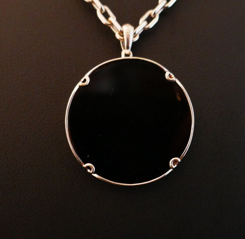 Circular Onyx And Diamond Pendant, 18k White Gold Chain.