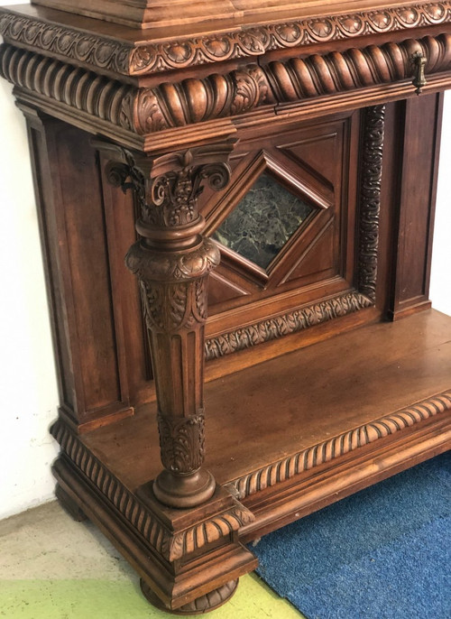 Credenza - buffet - Neo-Renaissance cabinet in Walnut inlaid with Marble, 19th century