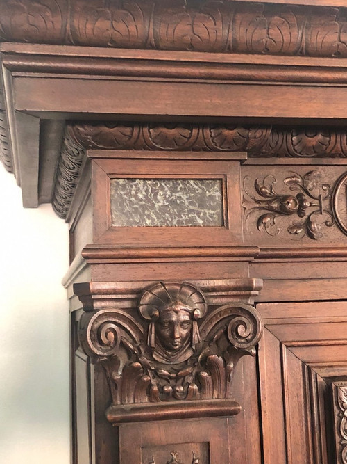 Credenza - buffet - Neo-Renaissance cabinet in Walnut inlaid with Marble, 19th century