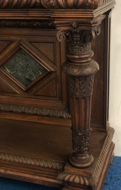 Credenza - buffet - Neo-Renaissance cabinet in Walnut inlaid with Marble, 19th century