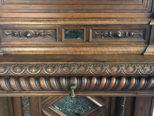 Credenza - buffet - Neo-Renaissance cabinet in Walnut inlaid with Marble, 19th century