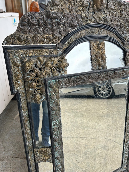 Miroir En Laiton Et Bois Noirci De Style Louis XIII Vers 1880 H : 149 Cm