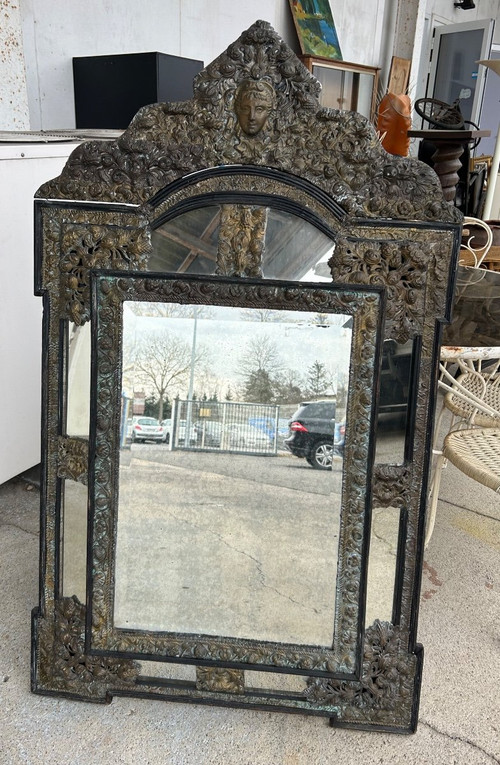 Miroir En Laiton Et Bois Noirci De Style Louis XIII Vers 1880 H : 149 Cm