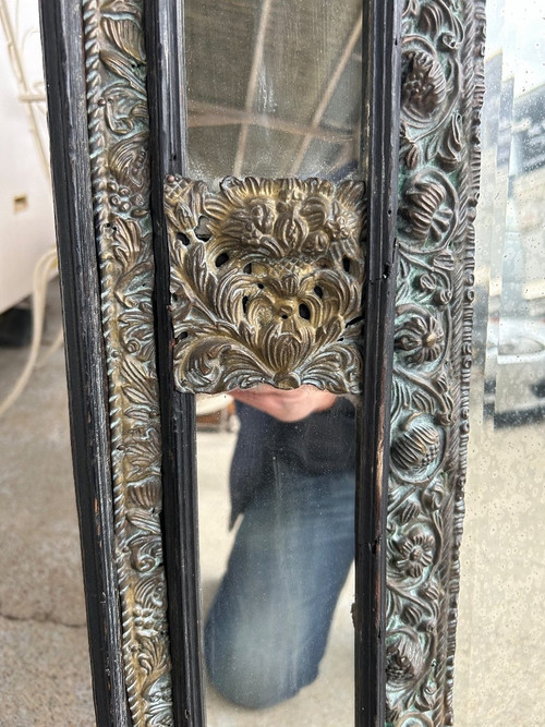 Miroir En Laiton Et Bois Noirci De Style Louis XIII Vers 1880 H : 149 Cm