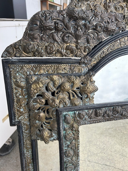 Miroir En Laiton Et Bois Noirci De Style Louis XIII Vers 1880 H : 149 Cm