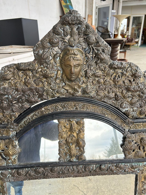 Miroir En Laiton Et Bois Noirci De Style Louis XIII Vers 1880 H : 149 Cm