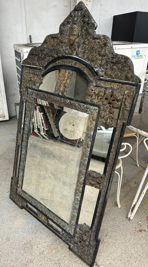 Miroir En Laiton Et Bois Noirci De Style Louis XIII Vers 1880 H : 149 Cm