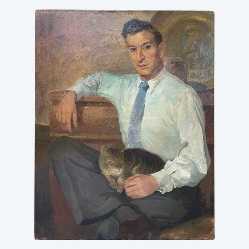 Portrait d'Homme Au Chat Vers 1940 Signé Claes Maurice Huile Sur Toile