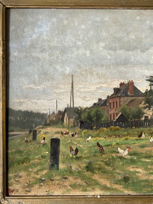 Adrien Jacques Sauzay (1841-1928) L'entrée du village - Oil on mahogany panel