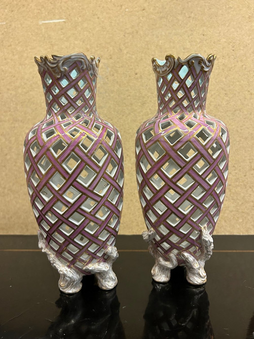 Pair Of Openwork Porcelain Vases Late 19th Century - Saxony - Meissen - Dresden