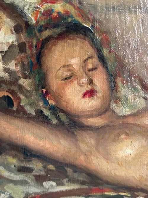 Fernand Majorel ( 1898-1965) Jeune Femme Nue Endormie - Oil on Orientalist Canvas