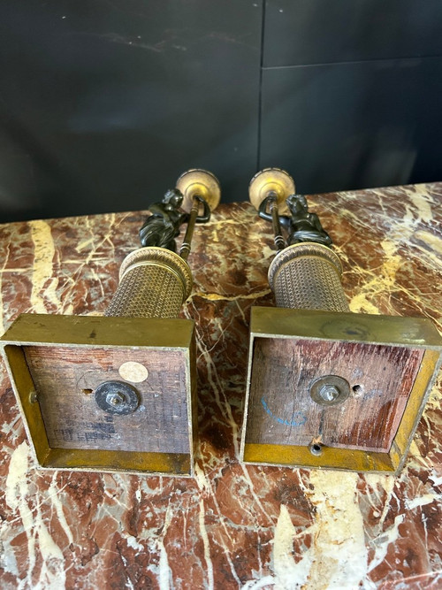 Pair Of Bronze Antique Women Candlesticks Empire Period - Early 19th Century