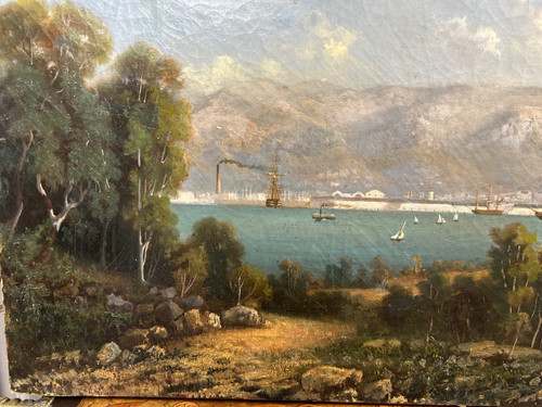 Veduta del porto di Tolone 1840-50 circa - Olio su tela di scuola francese del XIX secolo