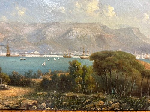 Veduta del porto di Tolone 1840-50 circa - Olio su tela di scuola francese del XIX secolo