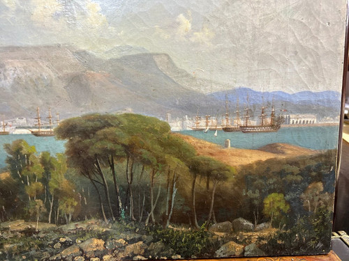 Veduta del porto di Tolone 1840-50 circa - Olio su tela di scuola francese del XIX secolo