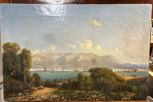 Veduta del porto di Tolone 1840-50 circa - Olio su tela di scuola francese del XIX secolo