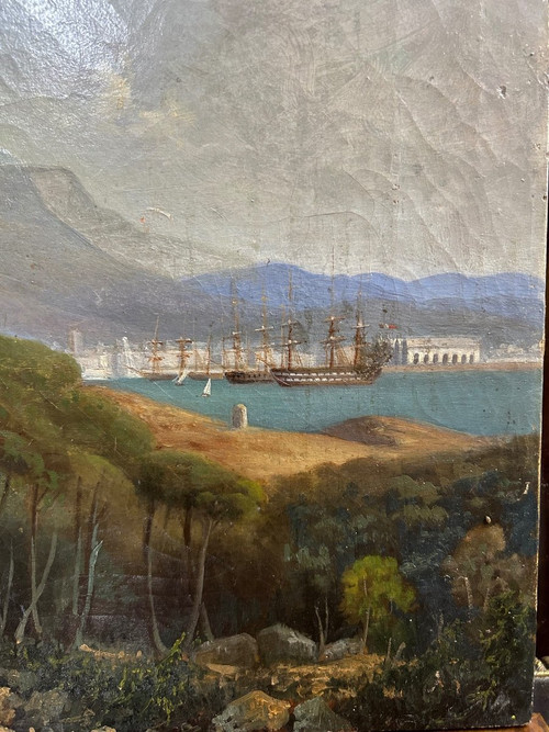 Veduta del porto di Tolone 1840-50 circa - Olio su tela di scuola francese del XIX secolo