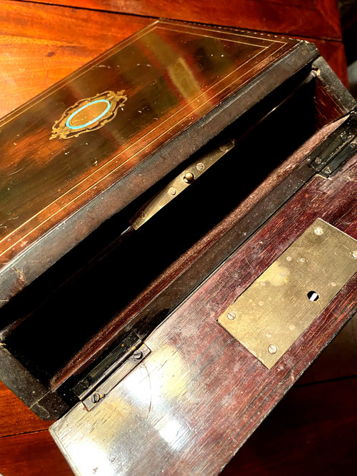 Beautiful Louis Philippe period travel writing desk in ebony, rosewood with inlays