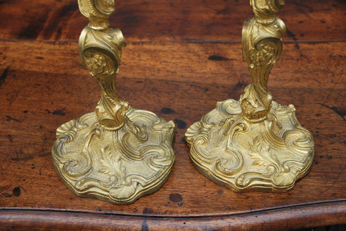 Pair Of Bronze Candlesticks After Meissonnier In Louis XV Style