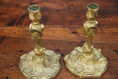 Pair Of Bronze Candlesticks After Meissonnier In Louis XV Style