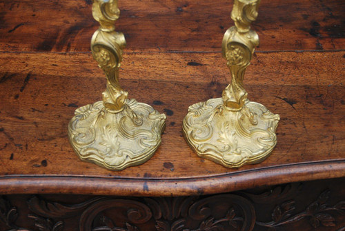 Pair Of Bronze Candlesticks After Meissonnier In Louis XV Style