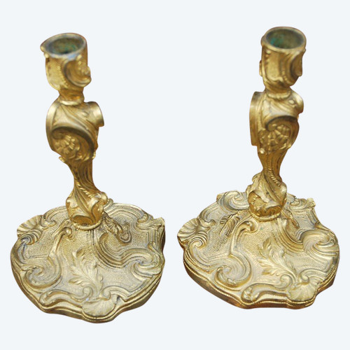 Pair Of Bronze Candlesticks After Meissonnier In Louis XV Style