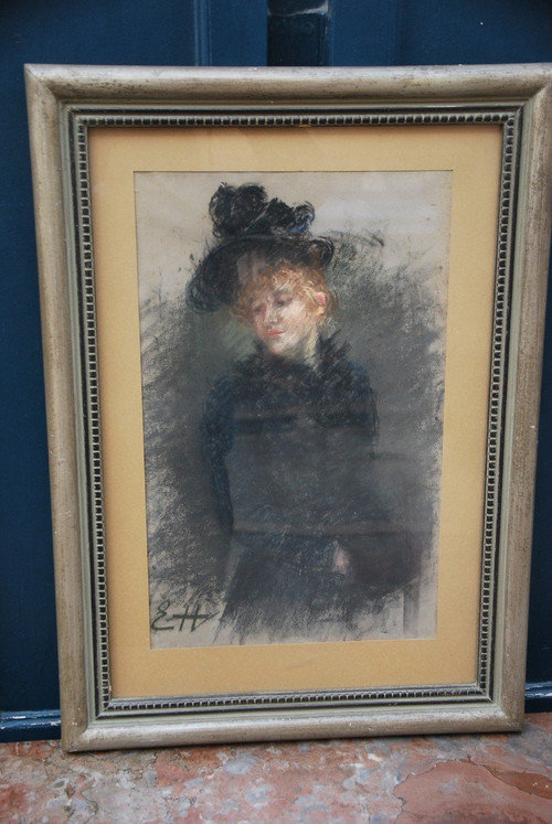 Elegant Pastel Au Chapeau, Signed De Huillard