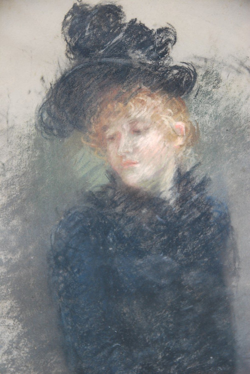 Elegant Pastel Au Chapeau, Signed De Huillard