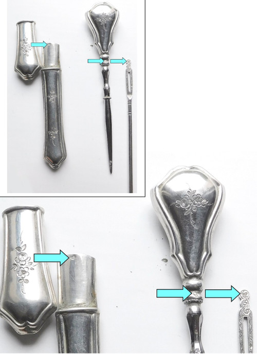 Nécessaire De Couture Argent Fin XIXe Napoléon III Ciseaux Crochet Dé à Coudre