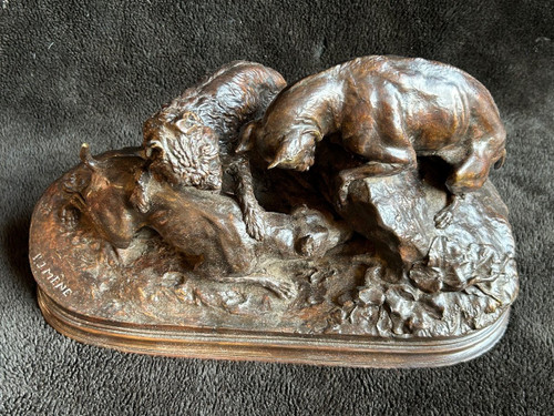 Pierre Jules Mène (1810-1879) "Three Dogs In The Terrier" Old Edition Bronze