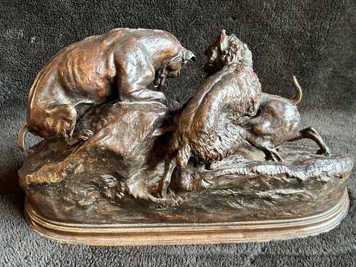 Pierre Jules Mène (1810-1879) "Three Dogs In The Terrier" Old Edition Bronze