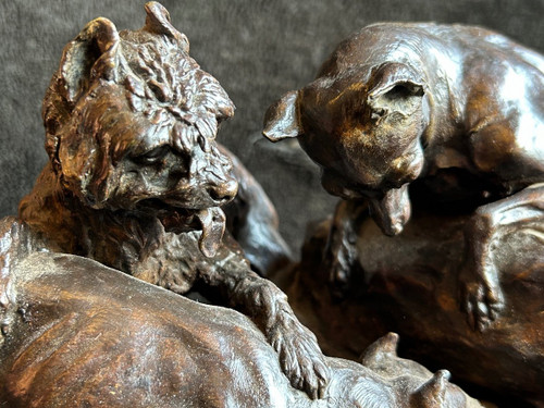 Pierre Jules Mène (1810-1879) "Three Dogs In The Terrier" Old Edition Bronze