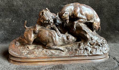 Pierre Jules Mène (1810-1879) "Three Dogs In The Terrier" Old Edition Bronze