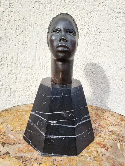 Bronze Sculpture, African Head, On Base, 20th Century