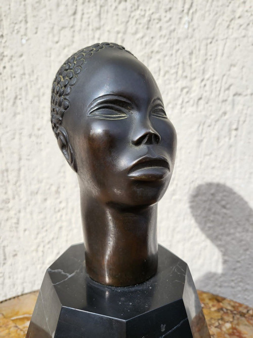 Bronze Sculpture, African Head, On Base, 20th Century