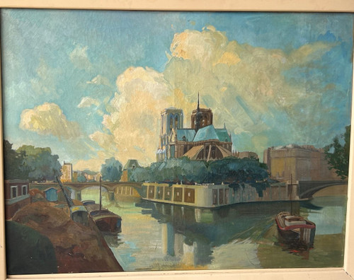 Cathédrale Notre Dame De Paris - Large oil on canvas About 1940 - H 112 x W 142 cm